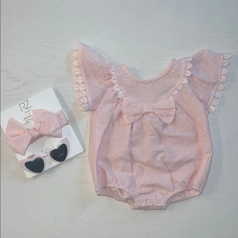 Rachel Zoe Pink Heart Bubble Romper Headband Sunglasses 3-6 6-9 months